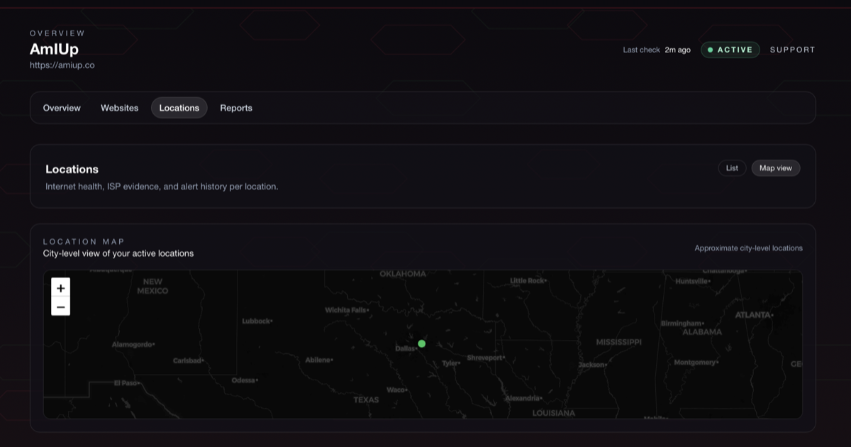 Location monitoring map showing active locations and connectivity status