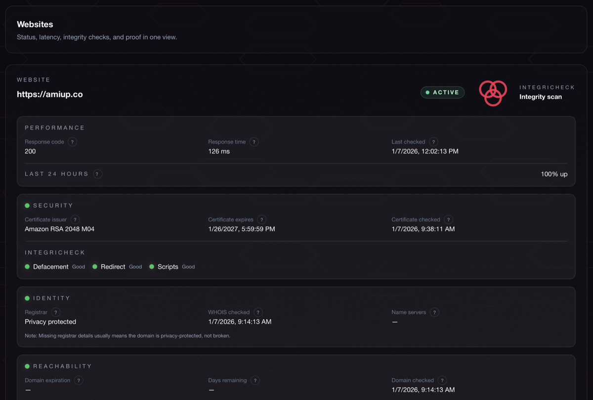 Website monitoring dashboard showing uptime, response codes, and integrity checks